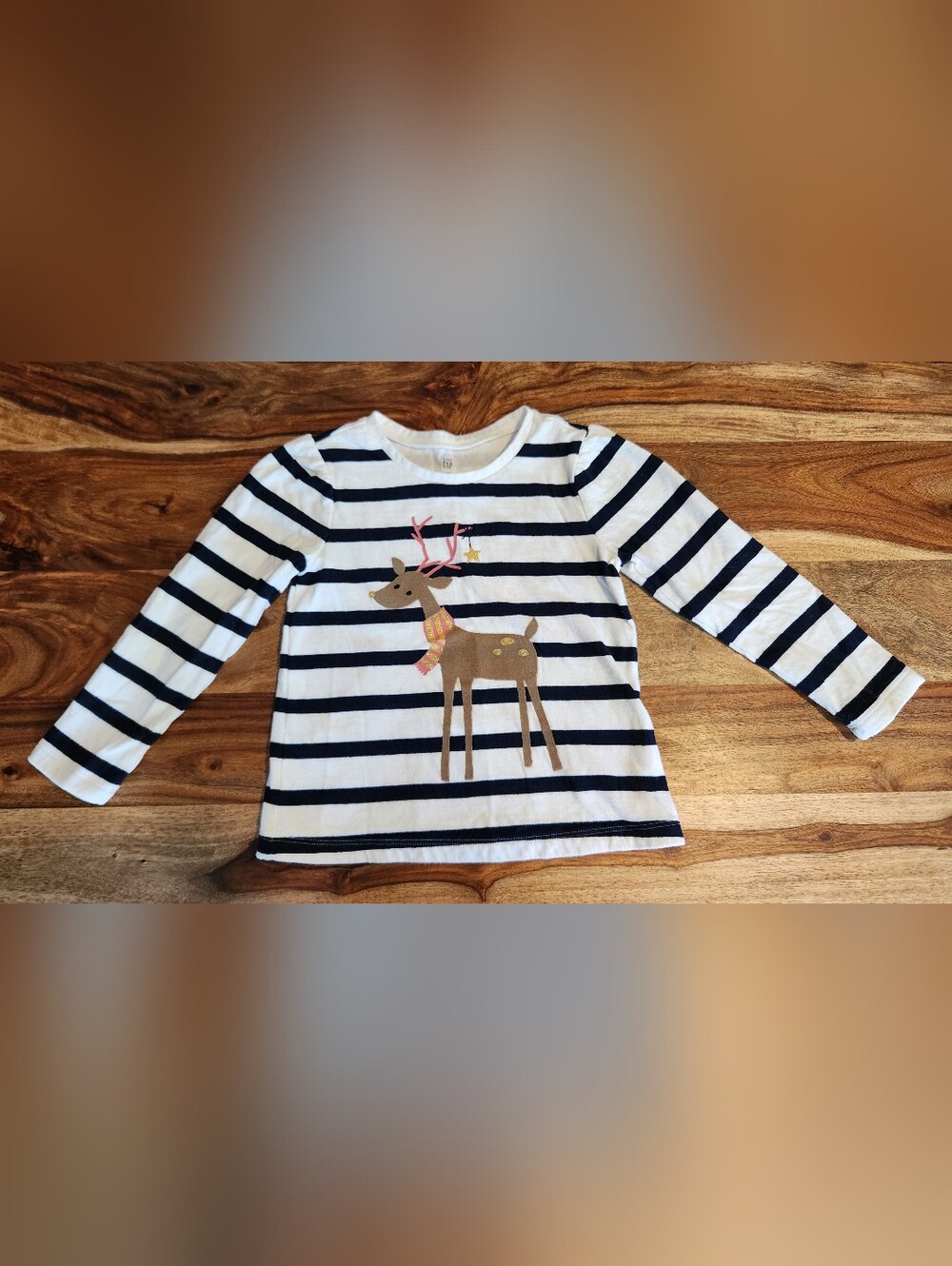 GAP Kids Navy Striped Reindeer Long Sleeve Heavy Weight Shirt